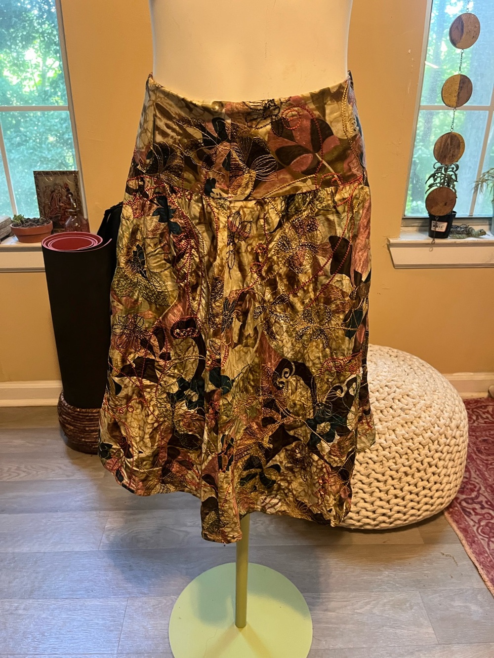 Chico's Patchwork Metallic Midi Skirt in Gold, Brown and Black Boho Glam